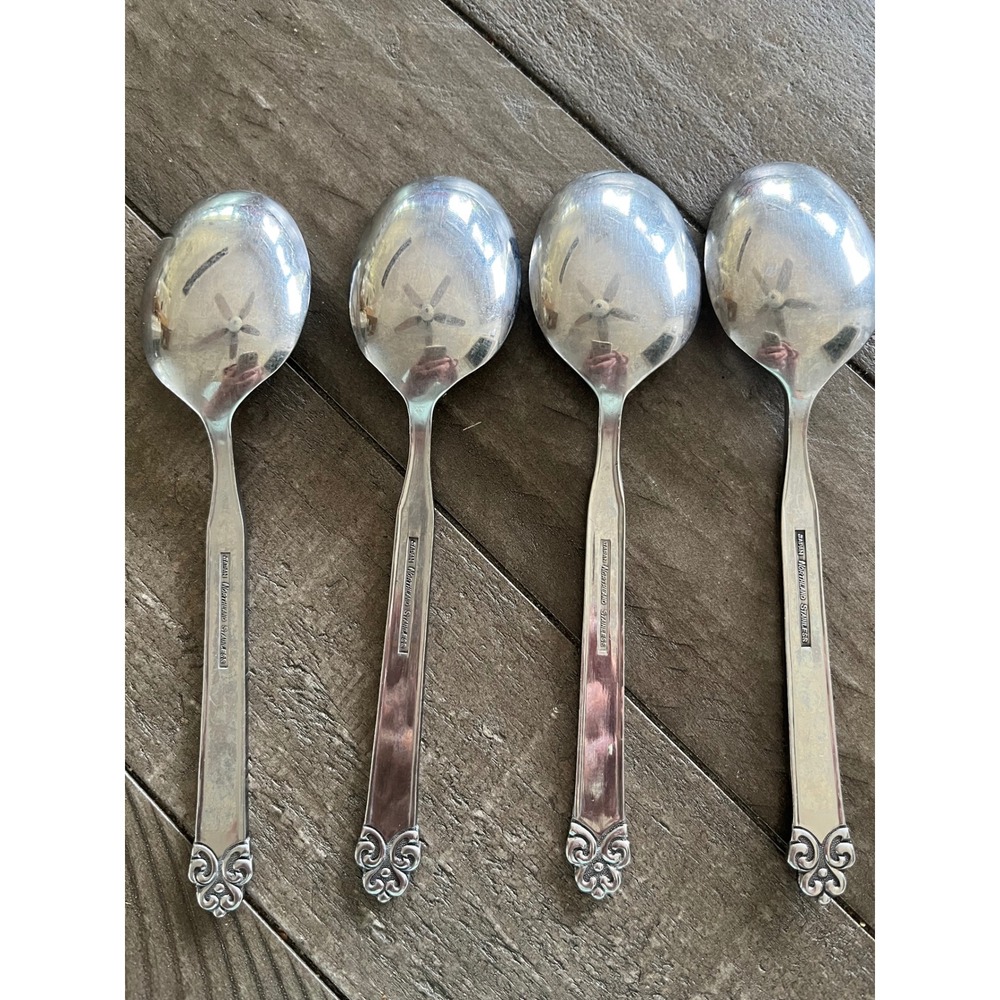 4 Northland Stainless Japan Soup Spoons Geometric Scroll Handle Vintage Flatware - Picture 2 of 3
